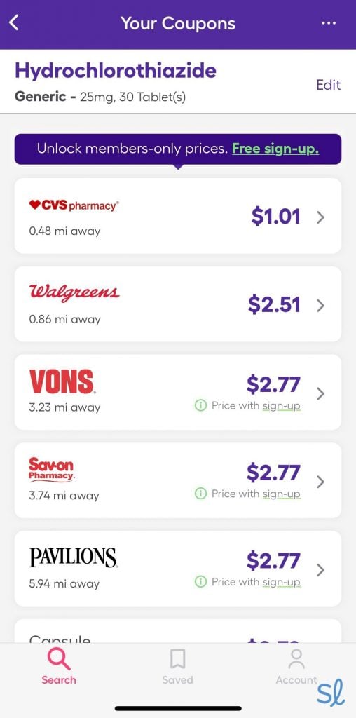 Comparing medication costs in the SingleCare app
