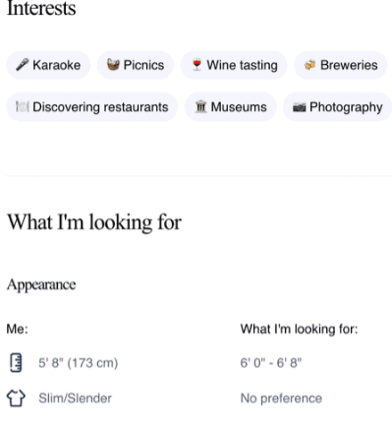 When setting up our OurTime profile, we could answer questions about our interests and what we were looking for